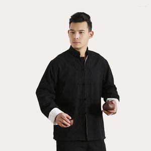 Heren t shirts katoenen heren solide traditionele Chinese jas jas tai chi uniform dubbel dek met lange mouwen shirt