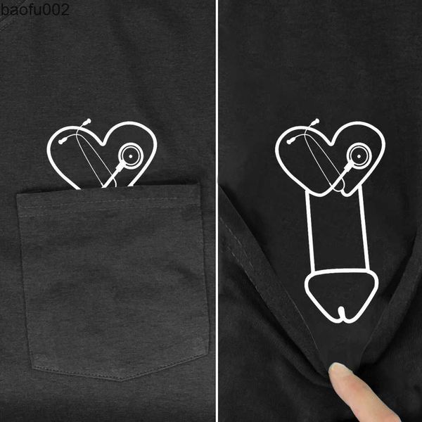 T-shirts pour hommes T-shirt de poche en coton Marque de mode Summer Pocket Medicine Heart Other Side T-shirt imprimé Funny Cotton Tee Tops Drop Shipping W0322