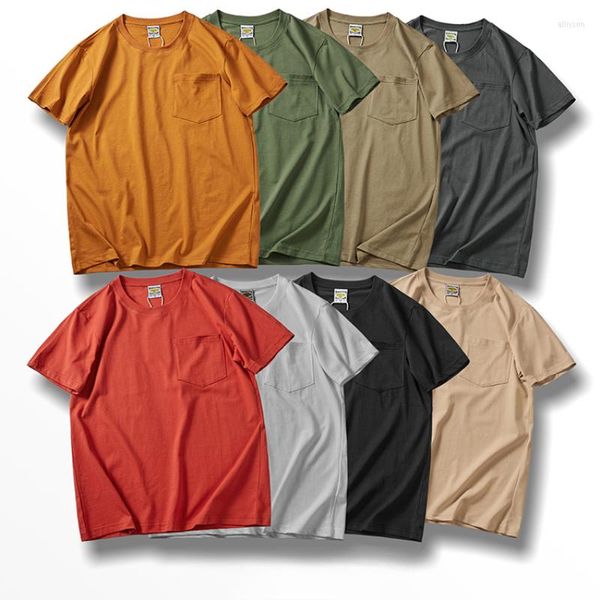 Camisetas de hombre Camiseta de bolsillo de algodón Camiseta de hombre de verano Retro americano Hombro derecho Media manga Color sólido Leggings blancos