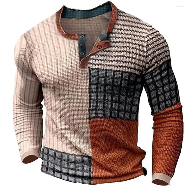 Camisetas para hombre, Camisa de algodón, estampado de bloques de Color gráfico, ropa de gran tamaño Henley, ropa informal de manga larga para hombres al aire libre, ropa con botones