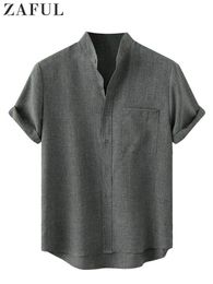 T-shirts pour hommes Chemises en coton pour hommes Blouses streetwear texturées en lin solide Été Manches courtes Tops décontractés avec poche avant 230703