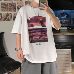 T-shirts pour hommes T-shirt à manches courtes en coton Version coréenne lâche de la carte d'impression de marée tendance étudiant Hong Kong Wind Half Sle