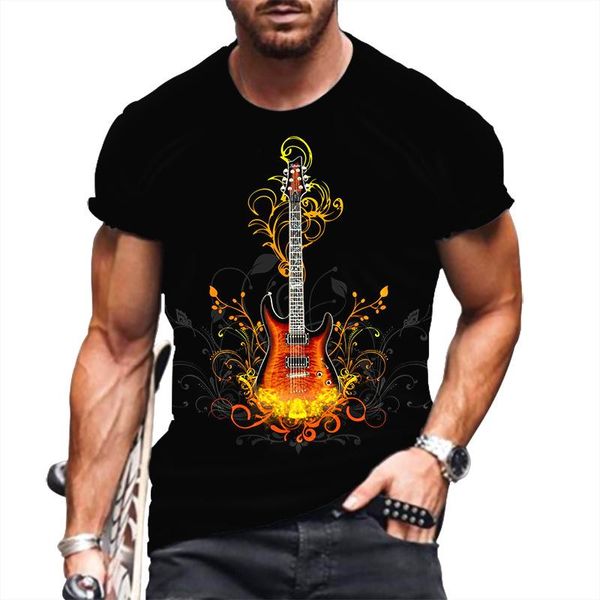 T-shirts pour hommes T-shirt en coton Vêtements pour hommes Été 2022 Mode européenne américaine O-Neck Short-Sleeve Digital 3D Printed Guitar Tops