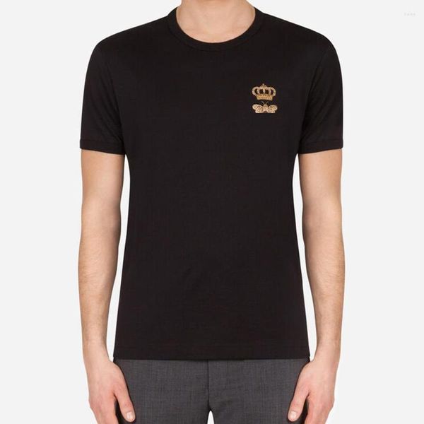 Hommes t-shirts coton T-shirt avec abeille et couronne broderie été chemise courte hommes marque vêtements confortable de haute qualité mâle