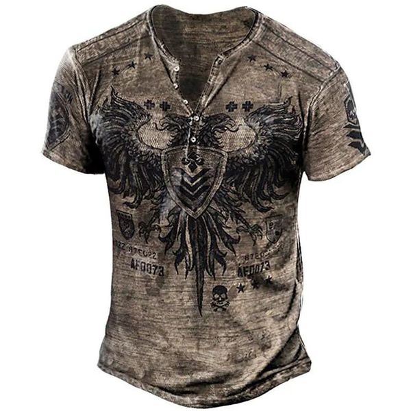 T-shirts pour hommes Coton Vintage Tops Henley Skull Print Eagle 3D T- 5XL Été Court Col V Rue Casual Boutonné Tee 230217