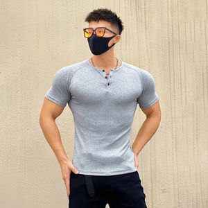 T-shirts pour hommes col rond T-shirt serré été côtelé sport fitness élastique mince à manches courtes muscle couleur unie haut décontracté t-shirt pour hommes