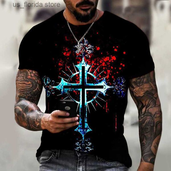 Camisetas para hombres Camisetas cruzadas Hombres Religión Jesús 3D Impreso Casual Vintage Short Slve T Shirt Verano Hombre Strtwear Tops negros de gran tamaño Y240314