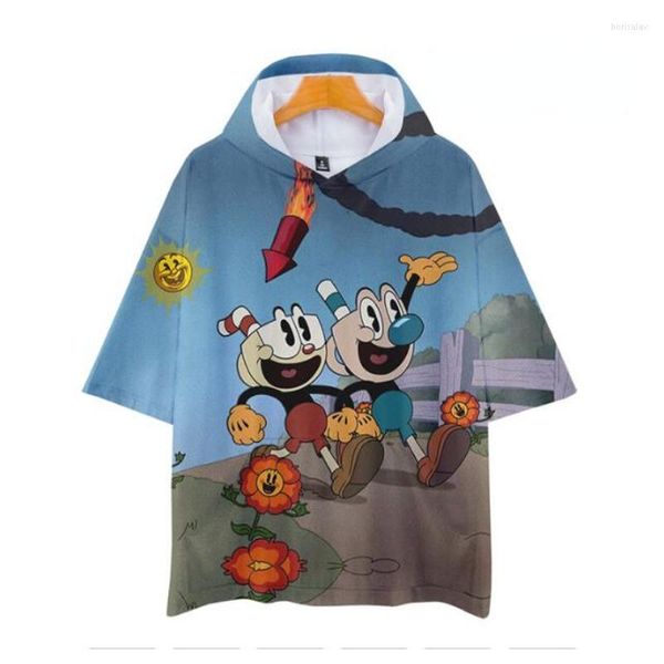 Camisetas de hombre Cuphead Mugman 3D estampado camisa de gran tamaño mujeres hombres niños niñas verano manga corta con capucha camiseta Casual suelta pulóver Tops