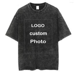 Heren T-shirts Custom Logo Po Washed Shirt Streetwear Gepersonaliseerde Gedrukte Katoenen T-shirt Unisex Oversized Vintage Korte Mouwen