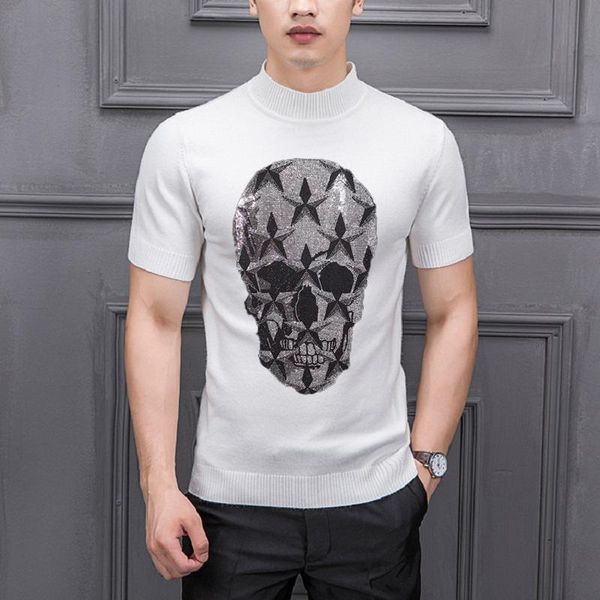 Camisetas de hombre Custom Skull Drill Suéter de hombre Camiseta de punto de cachemira delgada de manga corta TrendMen's