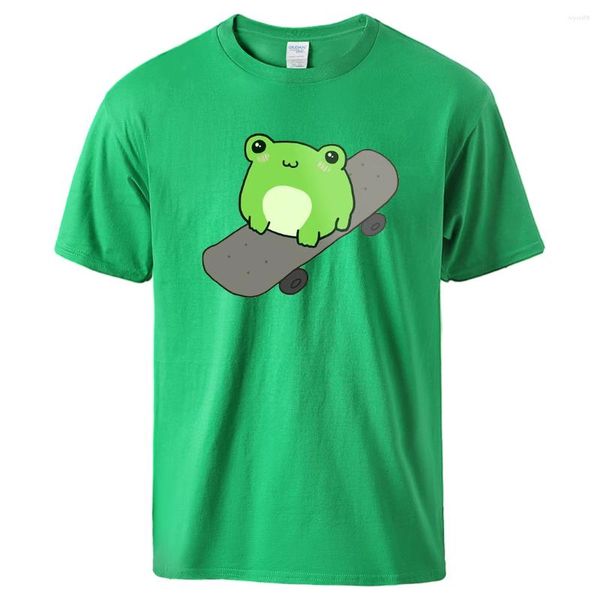 T-shirts pour hommes Grenouille mignonne sur skateboard - Kawaii Cottagecore Esthétique Skateboarding T-shirt imprimé en métal Hommes Coton doux Cool Tee