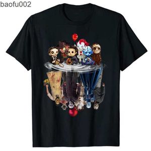 Camisetas para hombre Linda película de terror Chibi personaje agua reflexión Halloween camiseta gráfica camisetas de gran tamaño regalo gráfico W0322