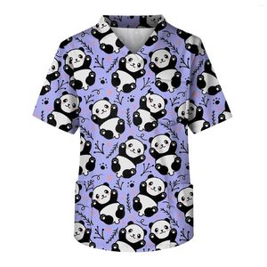 T-shirts pour hommes mignon panda imprimé uniforme femmes gommages hauts à manches courtes chemisier de travail été dessin animé pulls avec poche