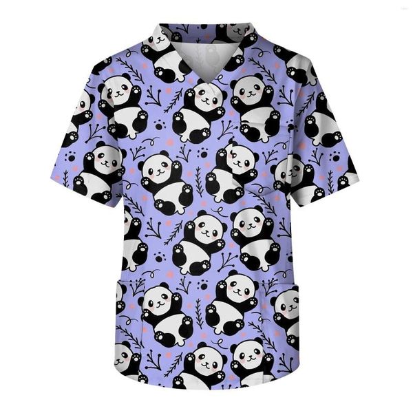 Camisetas para hombre, uniforme con estampado de Panda bonito, Tops para mujer, blusa de trabajo de manga corta, jerseys de dibujos animados con bolsillo