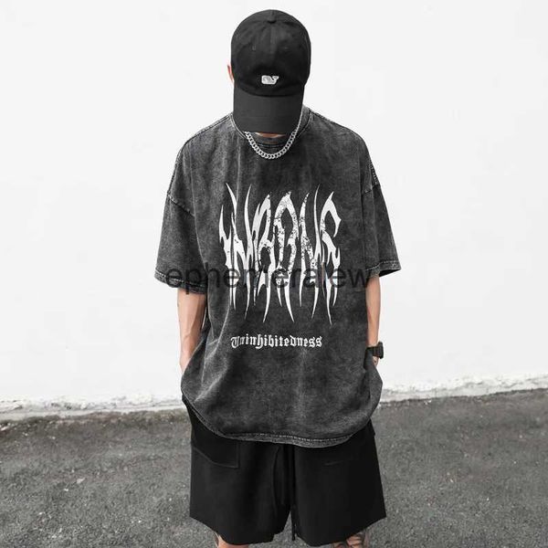 T-shirts masculins Style de rue Dark High Street Old Wasted Washed Fashion's Fashion Thorn English Letter Imprimé hip hop lâche manche courte topephemeralew