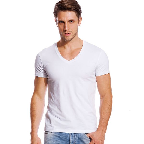 T-shirts pour hommes T-shirt à col en V profond pour hommes coupe basse à encolure large T-shirt pour hommes en coton ultra-mince coupe ajustée à manches courtes sous-vêtements invisibles 230403