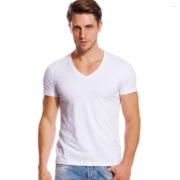 T-shirts pour hommes col en V profond chemise pour hommes coupe basse col large haut t-shirts mâle coton modal coupe ajustée à manches courtes sous-vêtement invisible