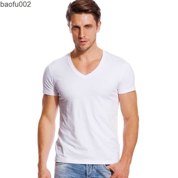 T-shirts pour hommes T-shirt à col en V profond pour hommes Coupe basse Col large Top Tees Mâle Modal Coton Slim Fit Manches courtes Invisible Undershirt W0322