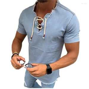 Hommes t-shirts Denim à lacets chemise col en V manches courtes couleur unie frangé Stretch été mode minceur décontracté 807