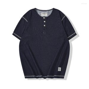 Heren t shirts denim preot blauw gebreide Henley kraag t-shirt bovenste stretch rek met korte mouw orq