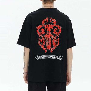 Heren T-shirts Designer Chrome // Hart T-shirts T-shirt Korte mouw 2023 Zomer Nieuw rood zwaardprint Katoen