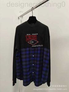 Camisetas para hombres Diseñador de lujo Versión alta Moda B Plaid Franela Black Plain Patchwork Camiseta de manga larga con pareja de High Street a juego T HLSR