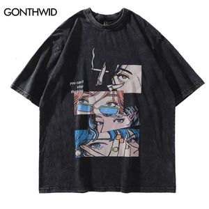 T-shirts pour hommes T-shirt surdimensionné en détresse Streetwear Japonais Anime Yeux Imprimer T-shirt rétro Hip Hop T-shirt ample en coton décontracté Noir 230511