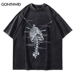 T-shirts pour hommes T-shirt surdimensionné en détresse Streetwear Hip Hop Vintage Skeleton Skull Print Punk Gothic T-shirt Harajuku Casual Tee-shirts en vrac 230411
