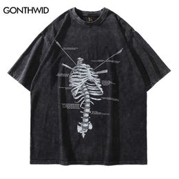 T-shirts pour hommes T-shirt surdimensionné en détresse Streetwear Hip Hop Vintage Skeleton Skull Print Punk Gothic T-shirt Harajuku Casual Tee-shirts en vrac T221006