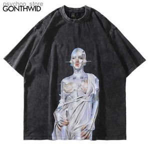 T-shirts pour hommes T-shirt surdimensionné en détresse Streetwear Hip Hop Vintage Robot Graphic Print Tshirt Hommes Harajuku Casual T-shirts à manches courtes Q240130