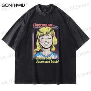 T-shirts voor heren verontrust T-shirt Grappige kattenprint Oversize T-shirt Streetwear Hip Hop Casual katoen Korte Mouw Shirts 2023 Harajuku Loose Top T230512