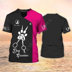 T-shirts pour hommes toiletteur de chien nom personnalisé toilettage uniforme noir rose imprimé 3D T-shirt Streetwear hommes/femmes à manches courtes