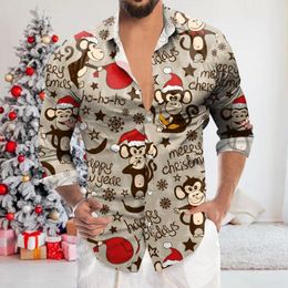 T-shirts pour hommes Chemise à manches longues pour hommes Mode décontractée Noël Impression numérique 3D Bouton de revers Tunique à manches longues