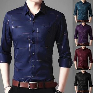 Mannen s T Shirts Overhemden Mannelijke Hoge Kwaliteit Lange Mouwen Slanke Business Casual Shirt Turn Down Kraag Strepen Single breasted 230715