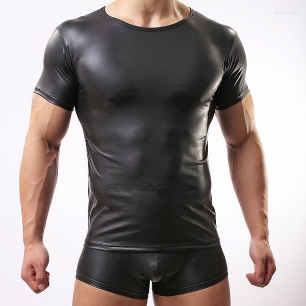 Camisetas para hombre, pintura elástica, piel sintética, camisetas sexis ajustadas para hombre, ropa interior, camisa de manga muscular, Tops, ropa delgada brillante, negro