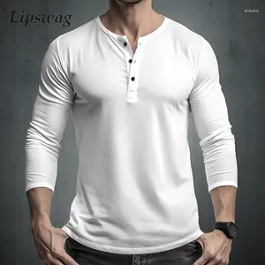 T-shirts pour hommes T-shirts à manches longues élastiques minces hommes décontractés couleur unie col rond bouton chemise de base automne mode hommes sommets