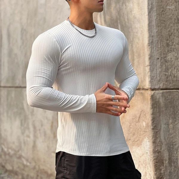 Camisetas para hombres Elástico Slim Acanalado Caída para hombre Casual Manga larga Color puro Tops de fondo para hombres Ropa Moda O Cuello Jersey