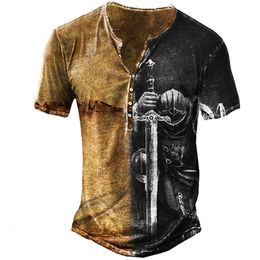 T-shirts pour hommes emple Knights 3D pour coton sept boutons Vintage été à manches courtes ops surdimensionné ees vêtements masculins 230217