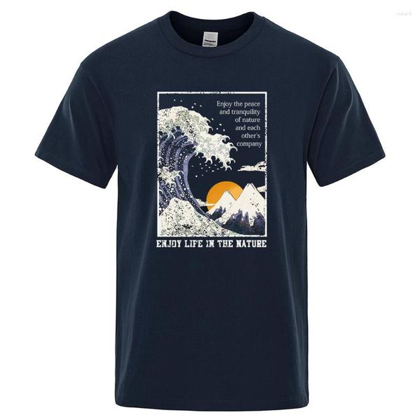 T-shirts pour hommes Profitez de la vie dans la nature Sunset Waves Chemise Hommes Casual Loose Menswear Oversize Summer Coton Cartoon O-Cou Street Vêtements