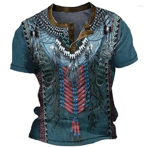 Heren T-shirts Etnische stijl 3D Print Henley Streetwear Vintage Button-Up Korte mouw CasualT-shirt Man Mannelijke Tops Kleding