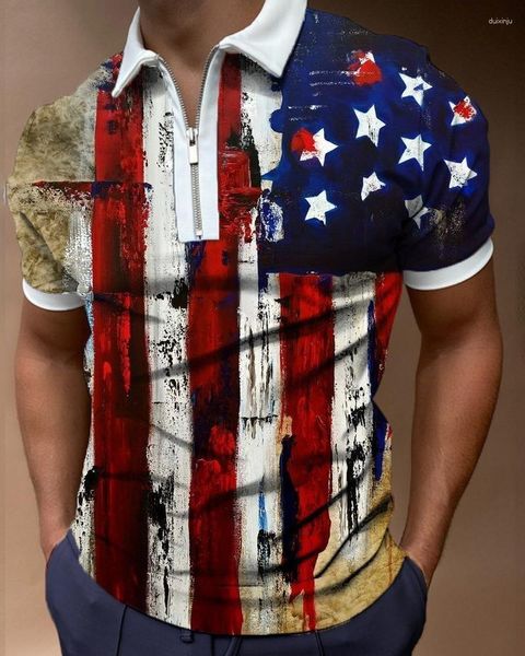 T-shirts pour hommes Style ethnique coloré mode fermeture éclair POLO rayure imprimé col à manches courtes pull coupe ajustée T-shirt