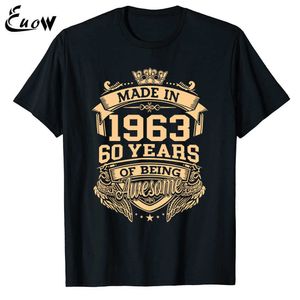 T-shirts voor heren euow unisex 100% katoen gemaakt in 1963 60 jaar van zijn geweldig 60e verjaardag vintage mannen kleding t-shirt casual luxe tee tops 022223H