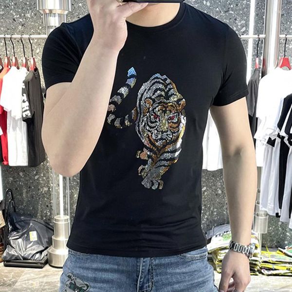 T-shirts pour hommes Europe Station Tiger Diamond T-shirt 2023 grande demi-manches pour hommes paillettes laser haut de gamme mode courte