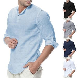 T-shirts pour hommes Mode européenne et américaine Vêtements d'été décontractés Col montant Commerce extérieur Coton Lin Chemise à manches longues
