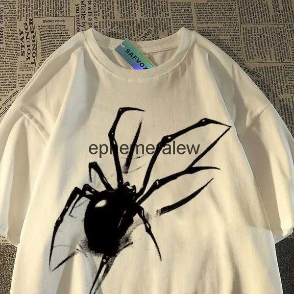 Camisetas para hombres Patrón de araña retro europeo y americano de manga corta Hombres Mujeres Pareja suelta Verano High Street Nicho Top de media mangaH2422002