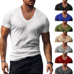 Camisetas de hombre de verano europeo y americano con cuello en V de color sólido ajustado camiseta casual delgada de manga corta camisetas
