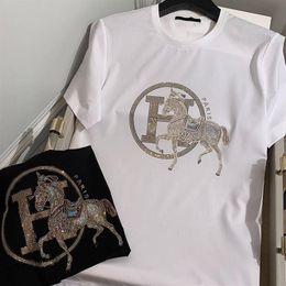 Heren T-shirts Europees station heren T-shirt met korte mouwen diamant gouden paard trend dun gedeelte cool ronde hals 287a