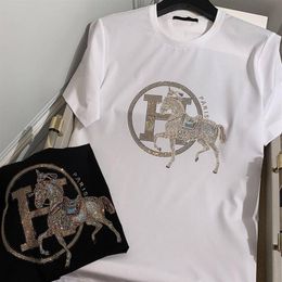 Heren T-shirts Europees station heren-T-shirt met korte mouwen diamant gouden paard trend dun gedeelte cool ronde hals 321G