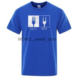 T-shirts voor heren alledaagse objecten patroon metalen plastic vork t-shirt mannen losse oversized mode casual ademende tee kledingpaar H240408