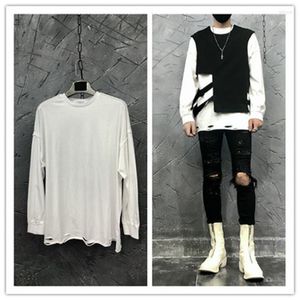 Camisetas de otoño para hombre, camiseta holgada de color liso con cuello y agujeros para lavar, camisa de manga larga para maquillaje, moda de calle, interior blanco